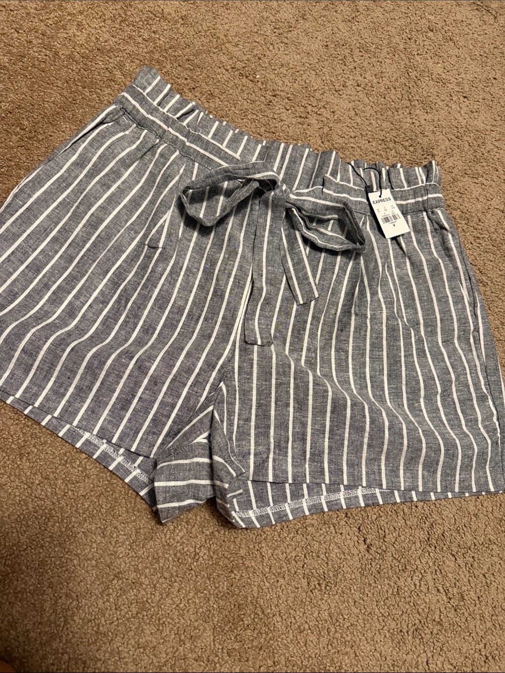 Express Gray and White High-Waist Tie-Front Shorts